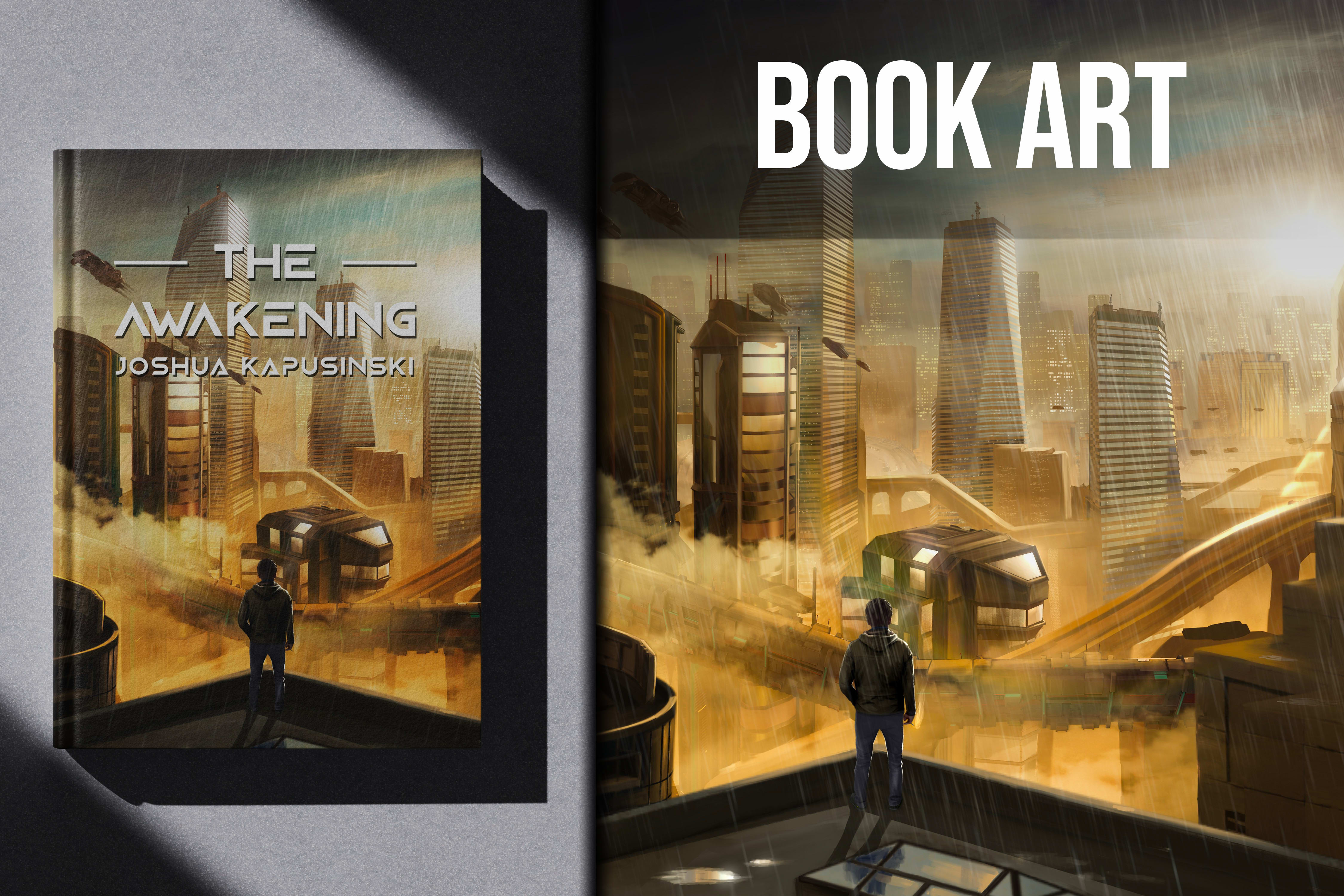 Book cover mockup and golden futuristic city illustration for The Awakening.