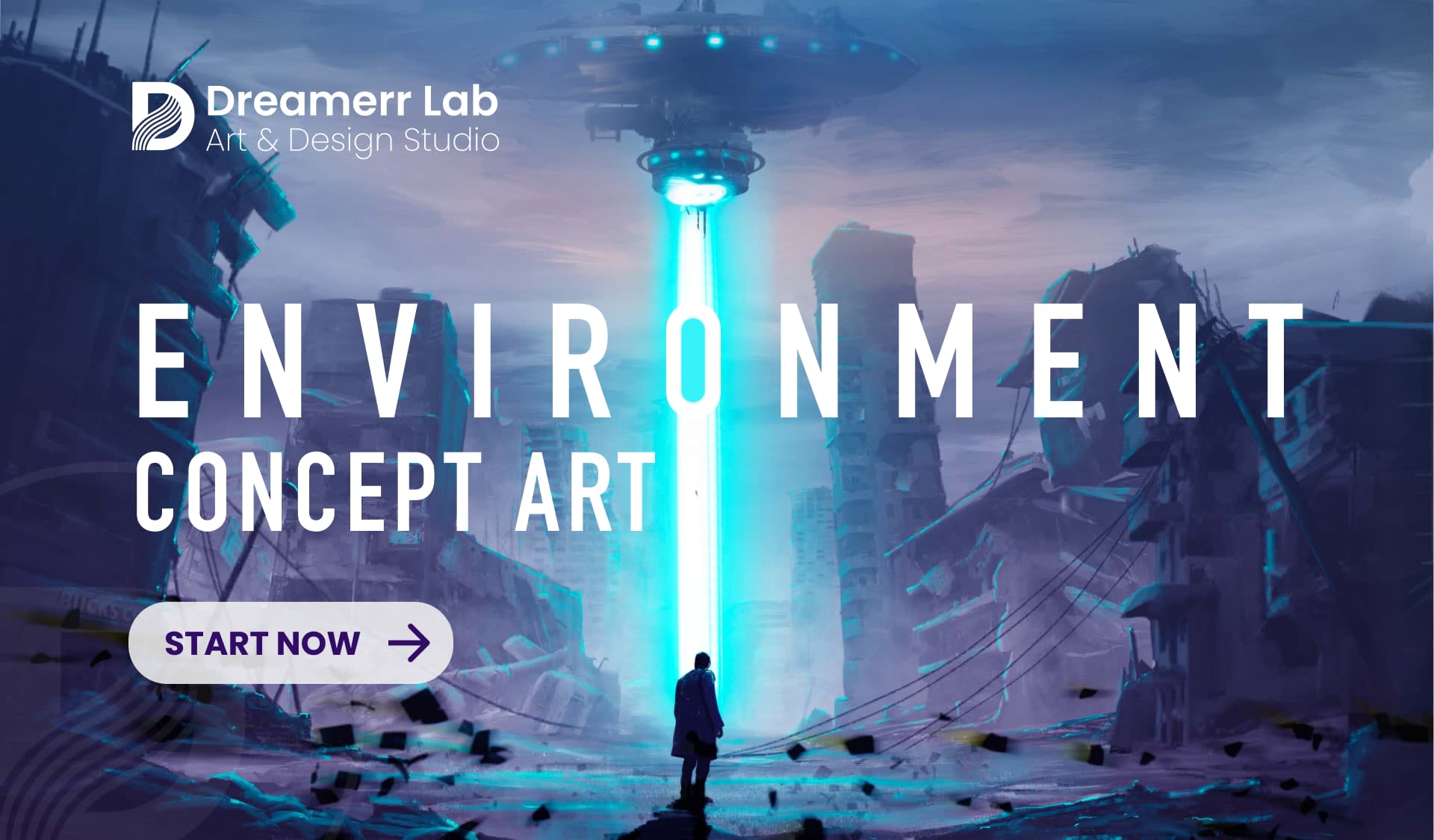 Dreamerr Lab science-fiction environment with a lone figure, ruined city and glowing cyan beam.