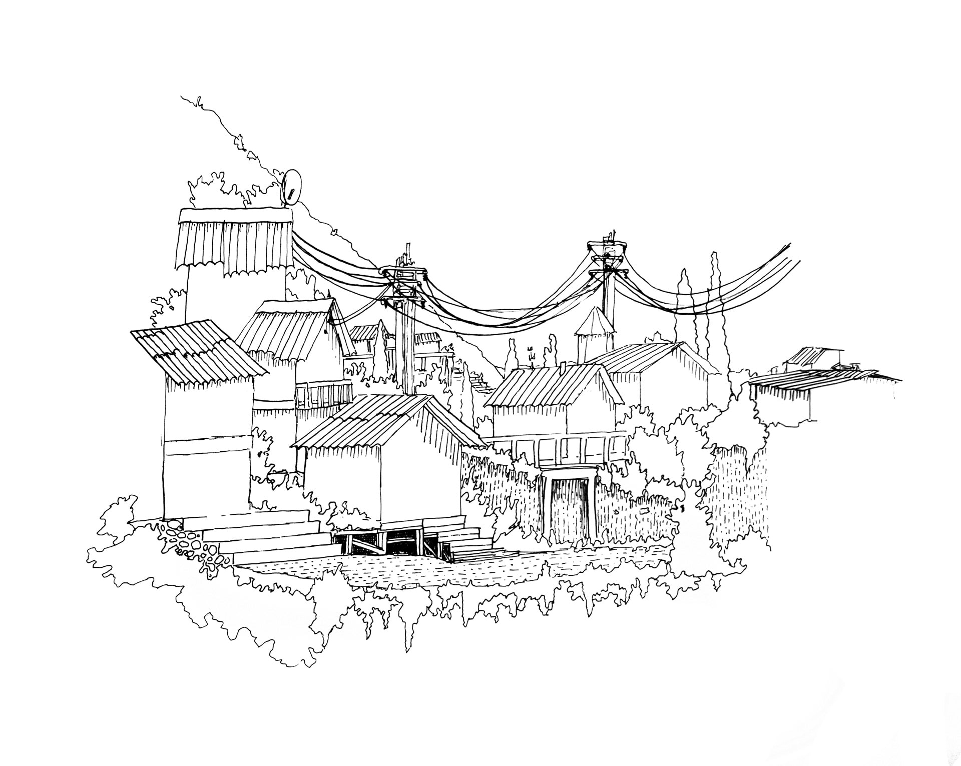 Dreamerr Lab black ink illustration of village buildings, rooftops and overhead cables.